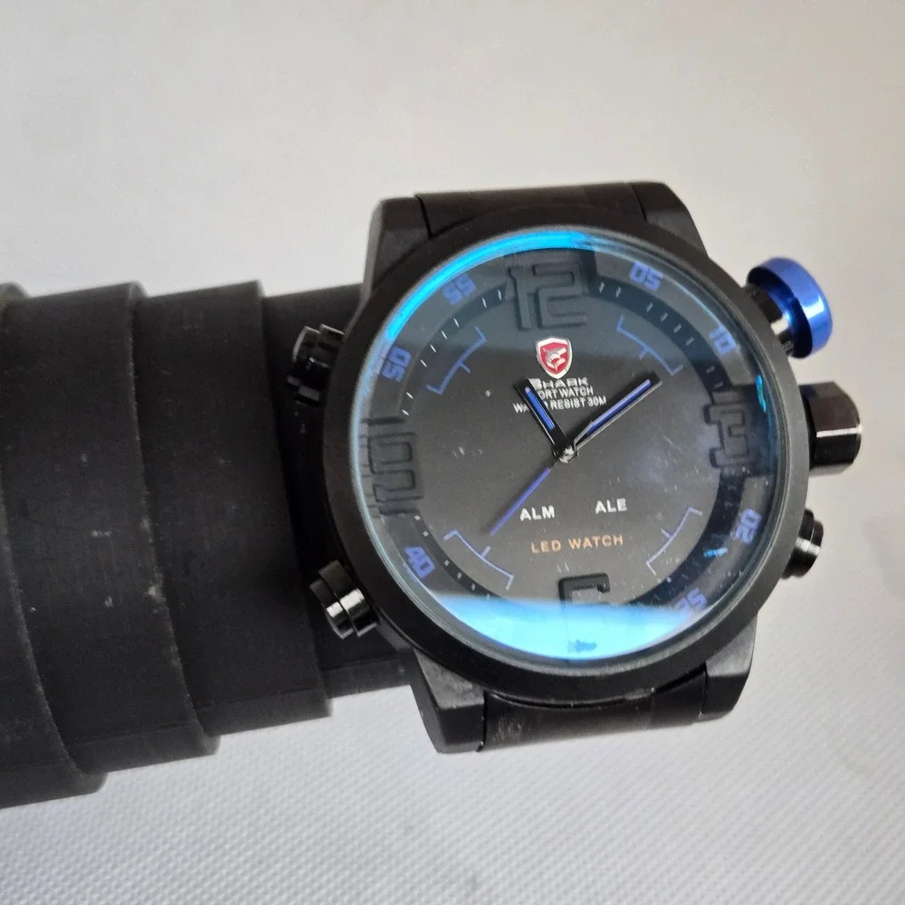 Shark Sport Watch Mens Black Dual Display Analog Digital Blue Crown 5.5in Tested